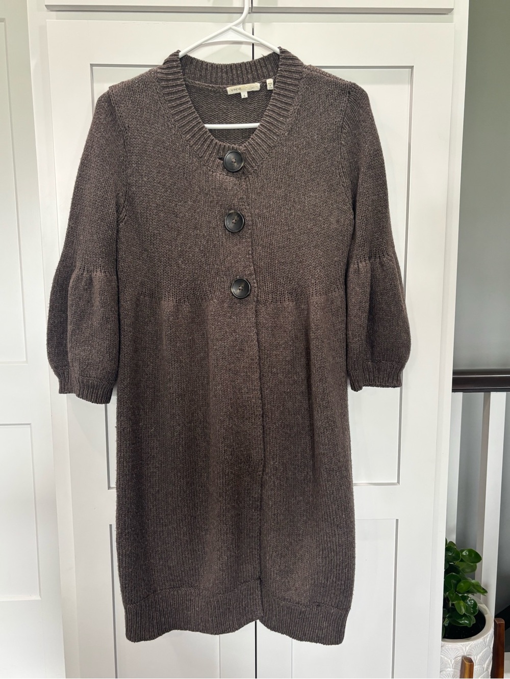 Vince Brown Wool Chunky Knit Three-Button Cardigan Dress
